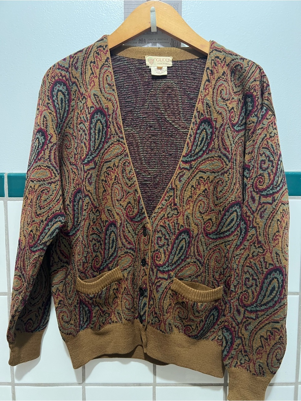 Gucci Brown Paisley V‑Neck Cardigan with Multicolor Accents